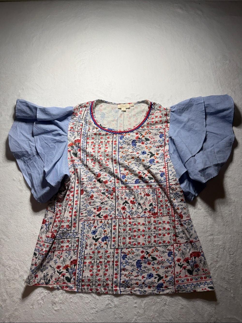 Anthropologie Let Me Be Floral Blouse with Light Blue Striped Flutter Sleeves